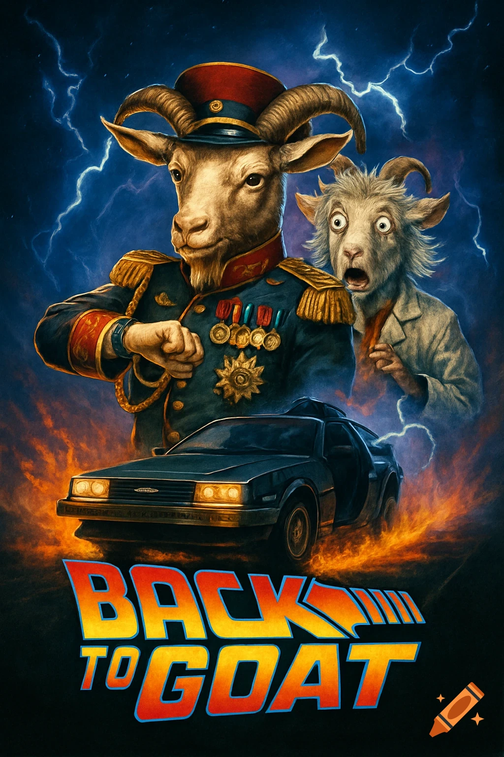 A retro movie poster parody of Back to the Future featuring a goat general, a surprised goat, and a DeLorean time machine with lightning, titled 'BACK TO GOAT'.