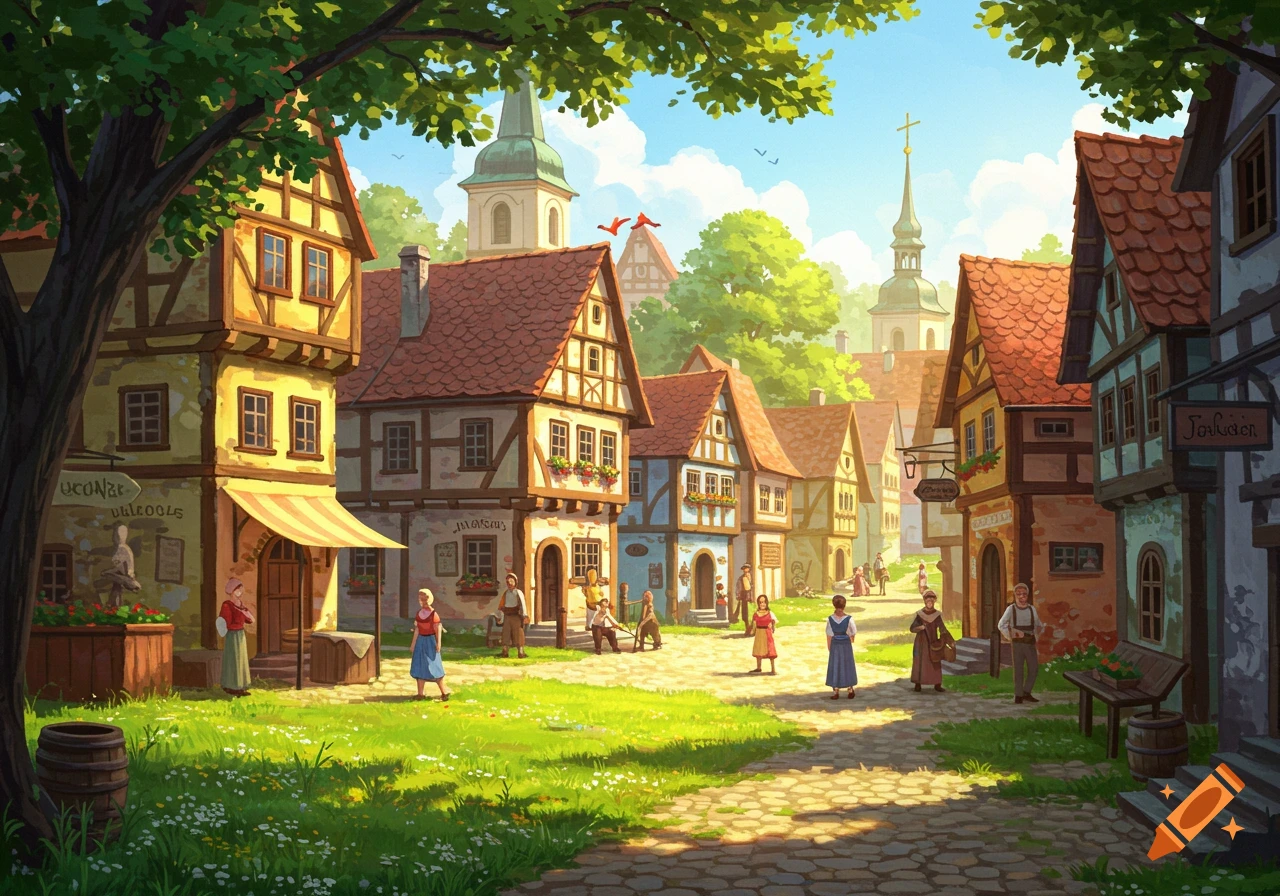 A vibrant, sunny painting of a quaint European-style village with half-timbered houses, a central grassy path, and people strolling.