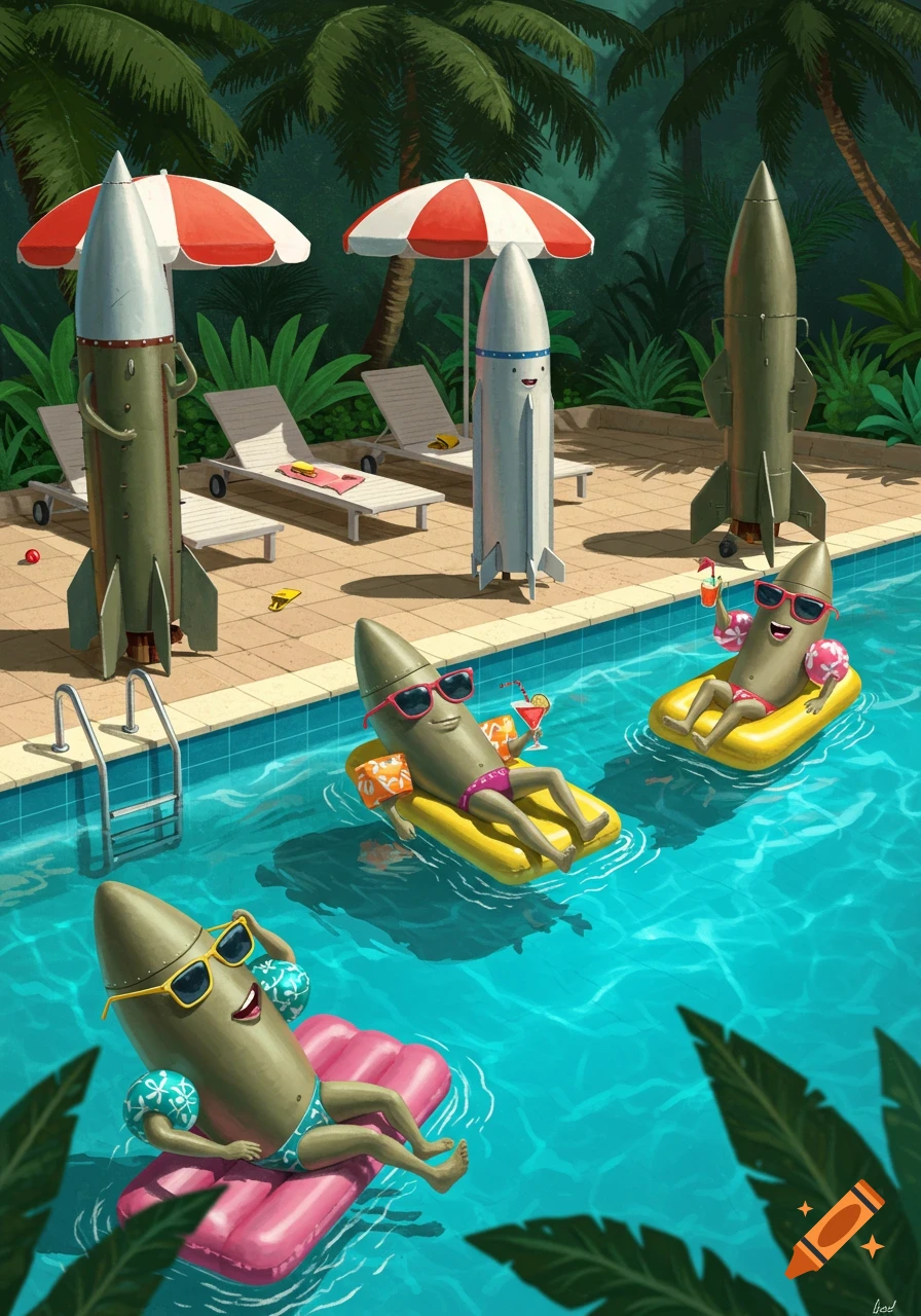 Cartoon missiles and bullets lounging in and around a swimming pool under red and white umbrellas.