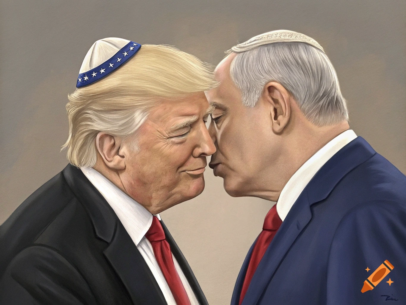Realistic painting of Donald Trump and Benjamin Netanyahu nose-to-nose, both wearing yarmulkes.