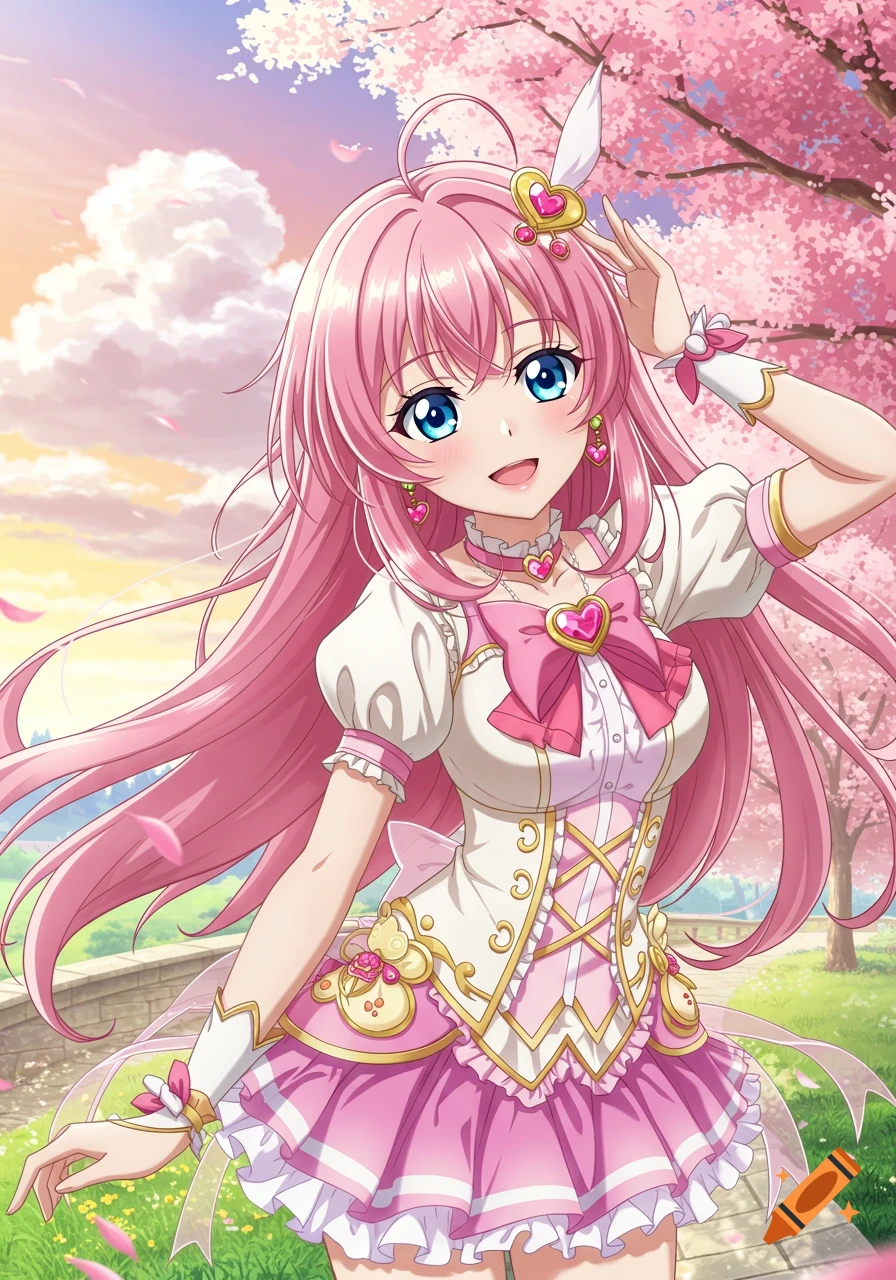 An anime girl with long pink hair and blue eyes smiles in a pink and white dress amidst cherry blossoms in a park.