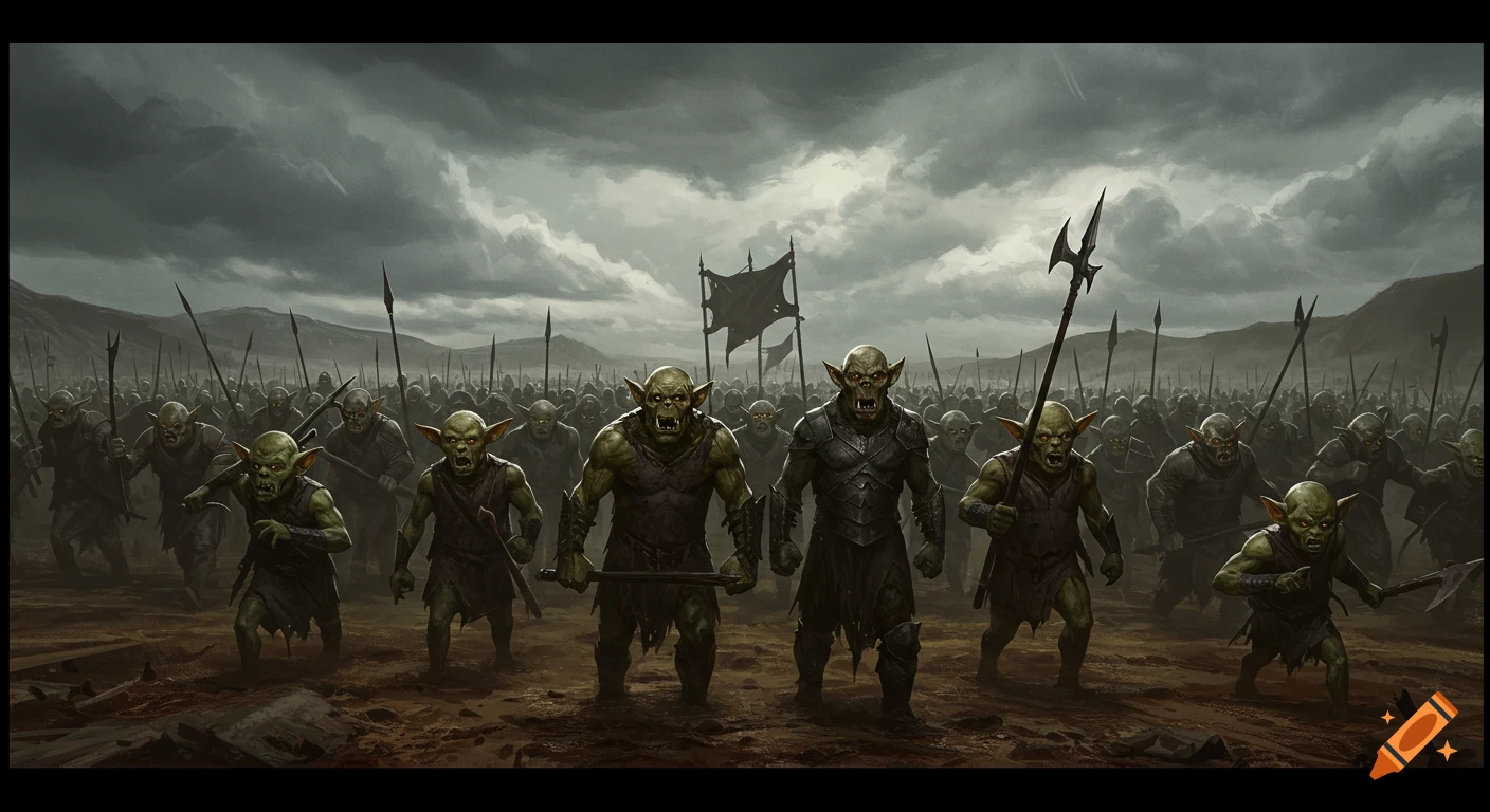 A large army of green-skinned orcs with spears and axes stands on a barren landscape under a dark, cloudy sky.