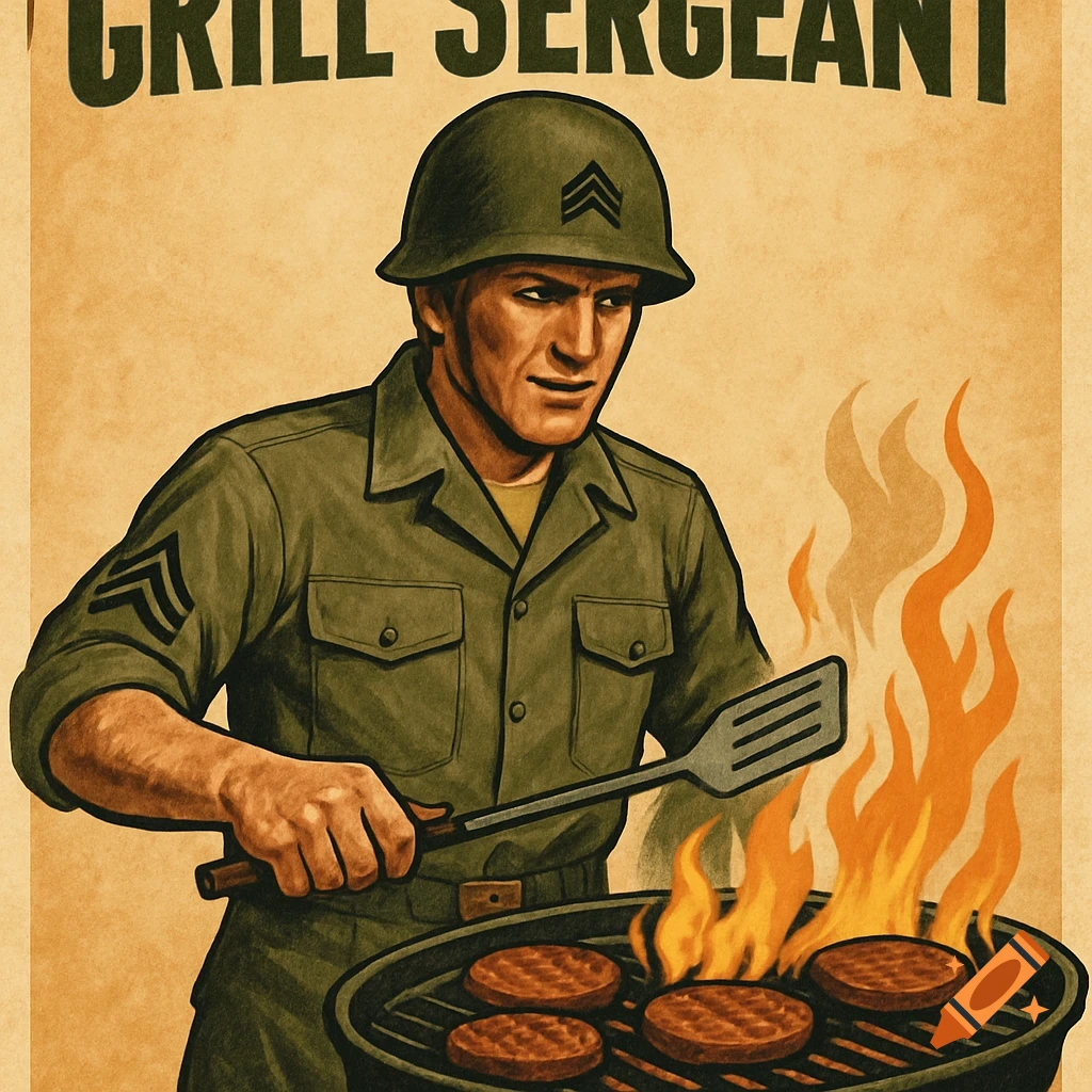A vintage-style poster depicting a soldier in uniform grilling burgers over flames, with the text 'GRILL SERGEANT' above him.