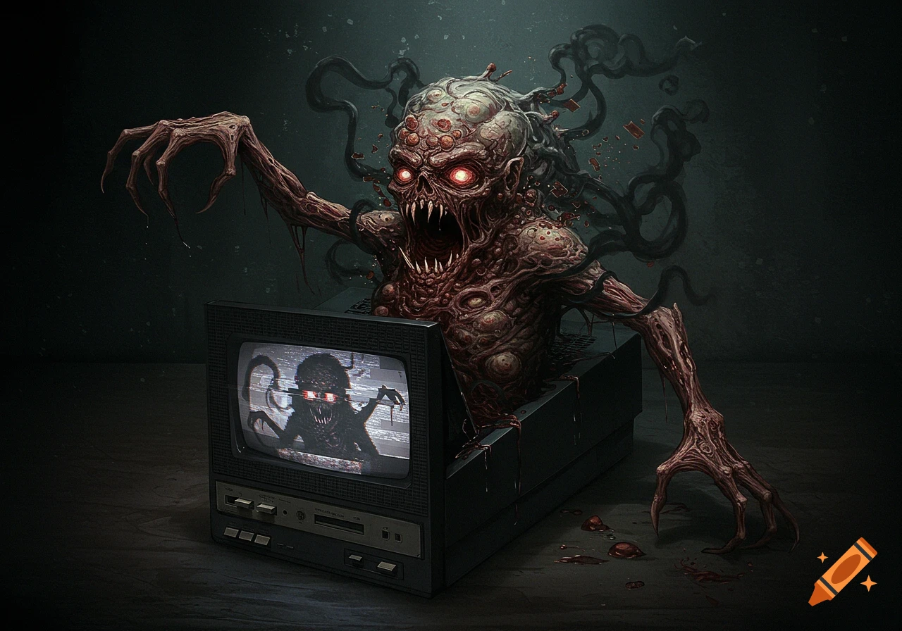A grotesque, fleshy monster with red glowing eyes and sharp teeth bursts out of a vintage television set, leaving blood splatters.