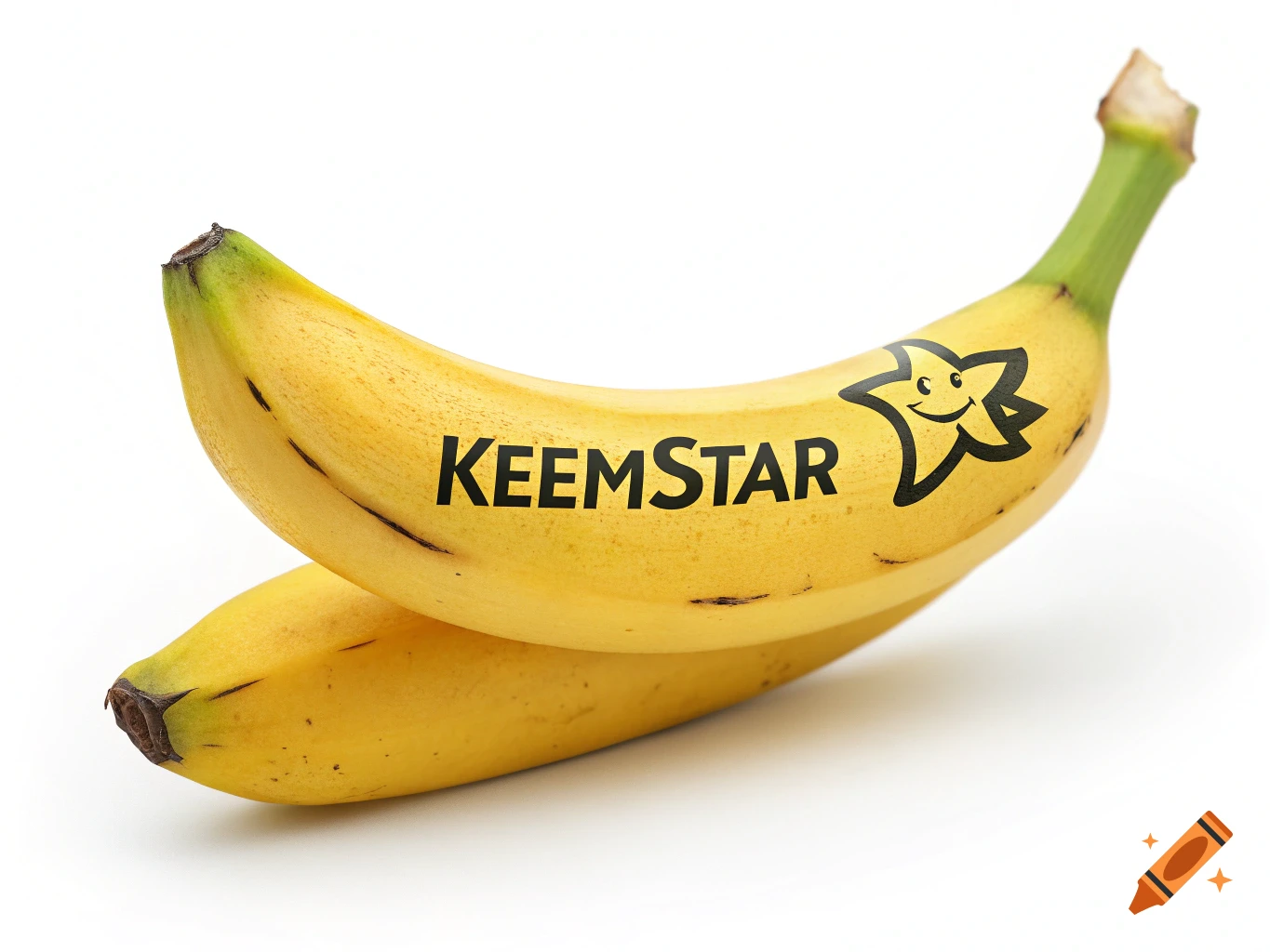 Two ripe bananas on a white background, one with the word KEEMSTAR and a smiling star logo printed on its peel.