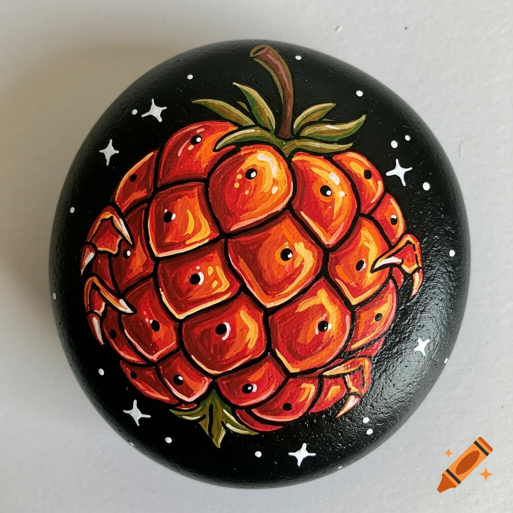 A painted black rock featuring a vibrant orange and red fantasy fruit with green leaves, surrounded by white stars.