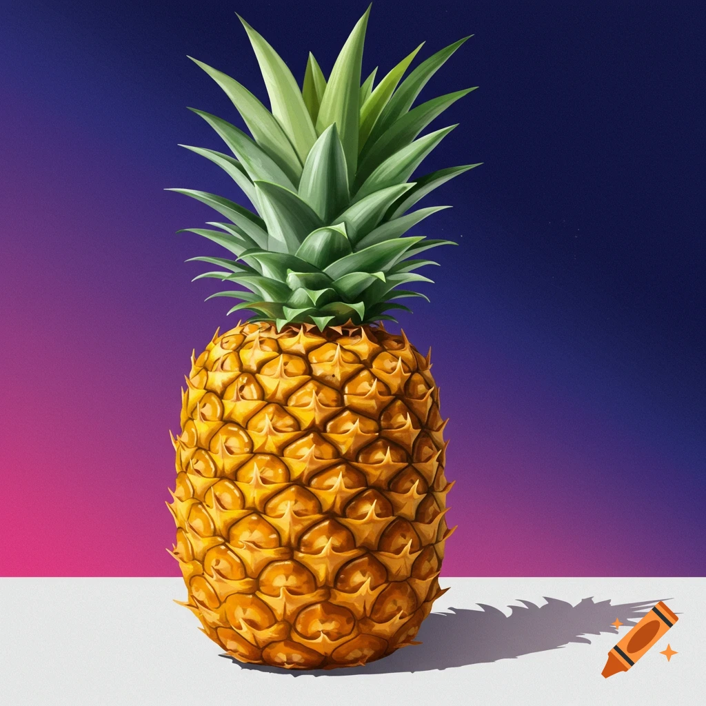 A single, vibrant pineapple stands on a white surface against a purple and pink gradient background.