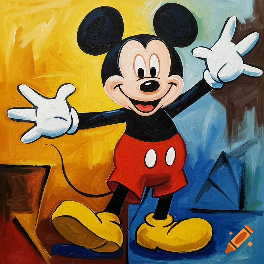 Mickey Mouse in a vibrant, cubist-inspired painting with bold brushstrokes.