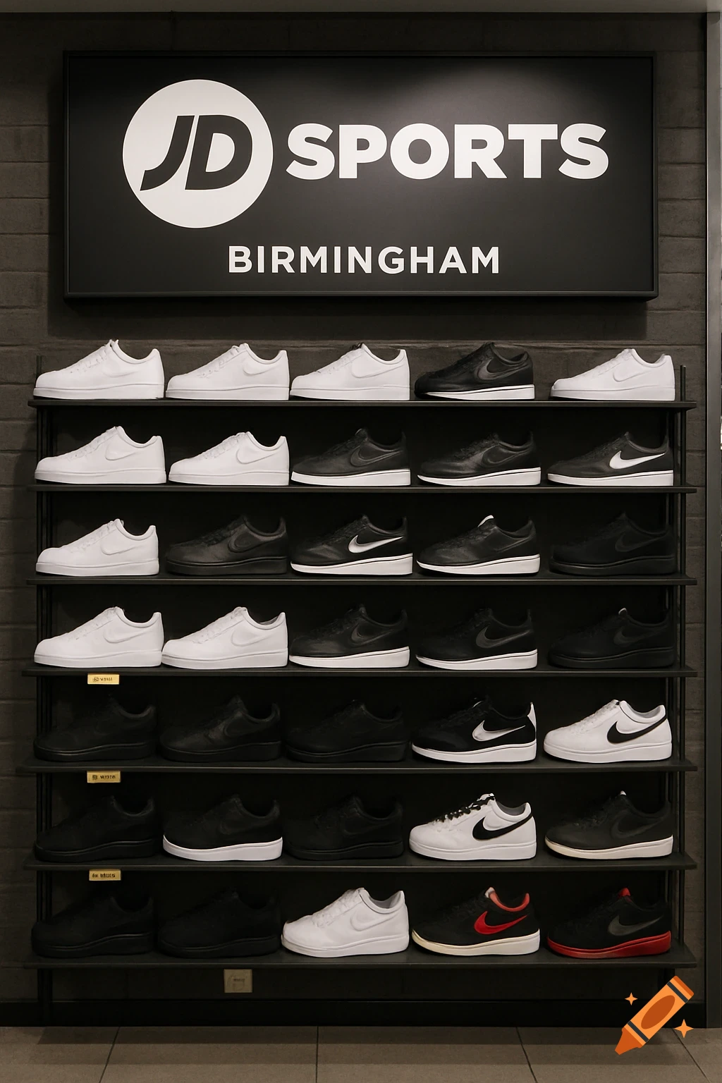 A display of Nike sneakers on shelves in a JD Sports store in Birmingham, with a prominent sign above.