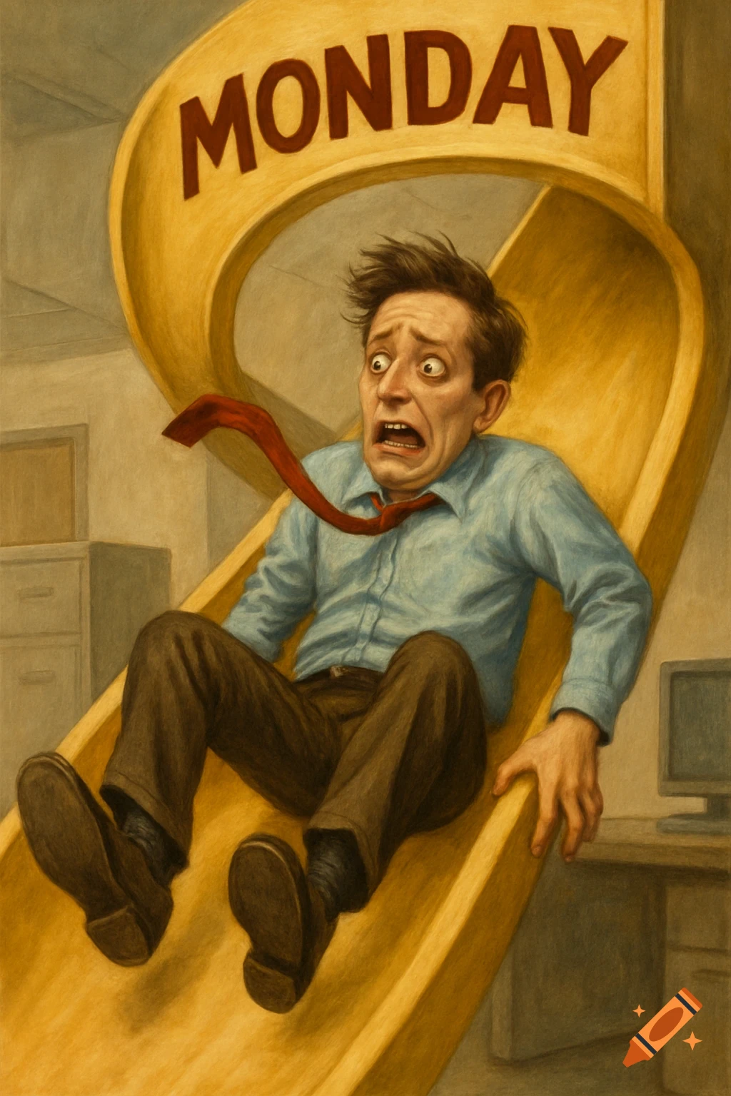 A terrified man in office attire slides down a large yellow slide labeled 'MONDAY' in an illustrative style.