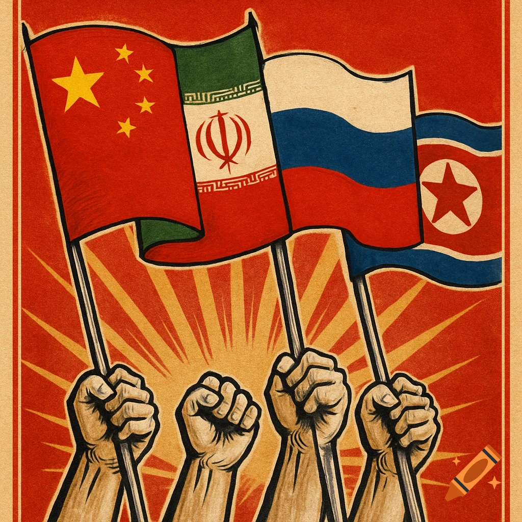 A soviet-style propaganda poster with four fists holding the flags of China, Iran, Russia, and North Korea against a red sunburst background.