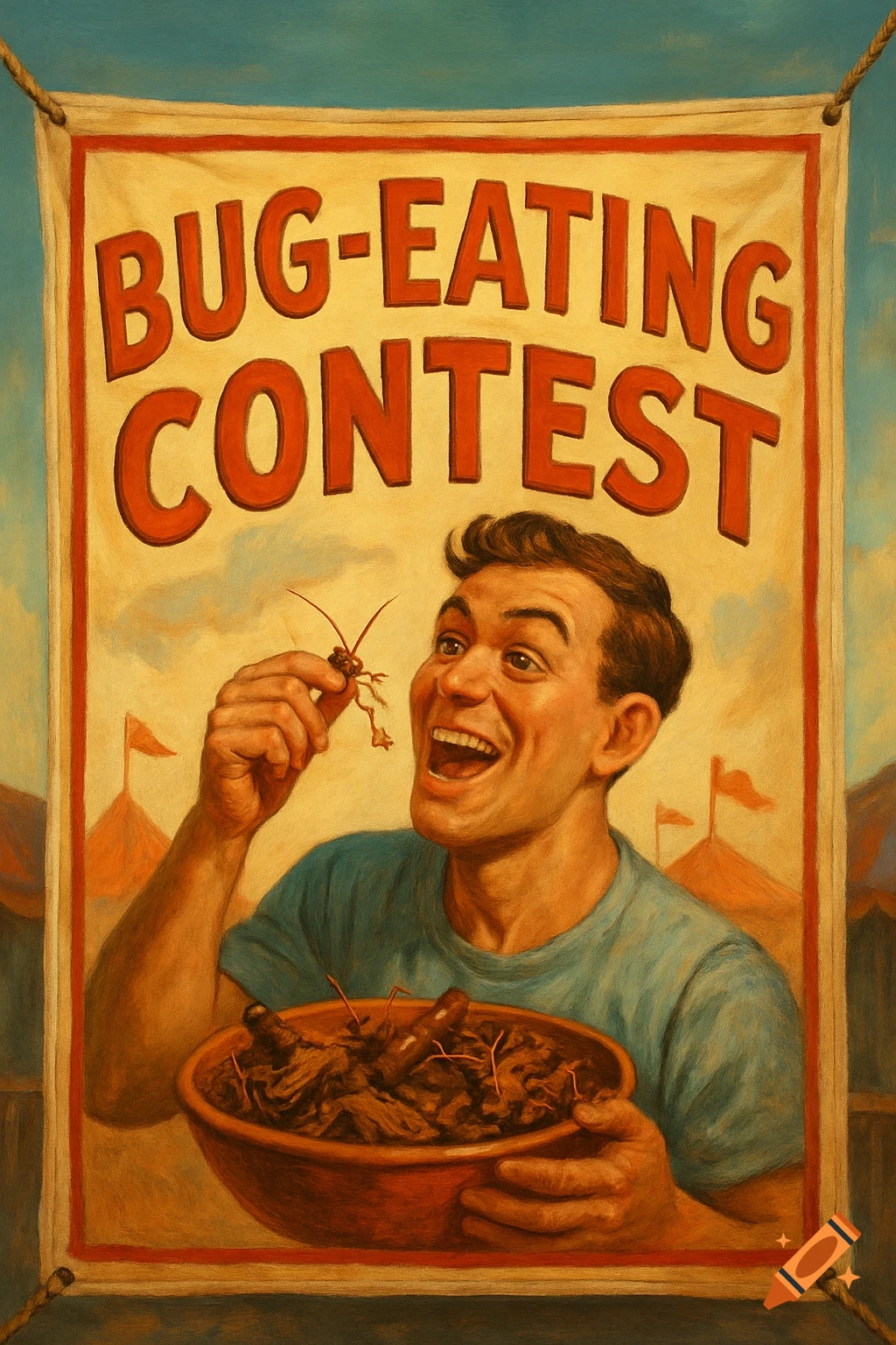A man eating a large insect from a bowl under a 'BUG-EATING CONTEST' banner at a fair, painted style.