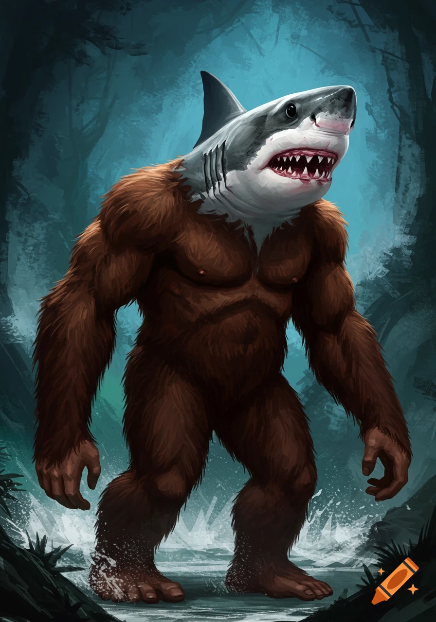 A sasquatch-like creature with a great white shark head stands in a murky, dark forest swamp. Digital art.