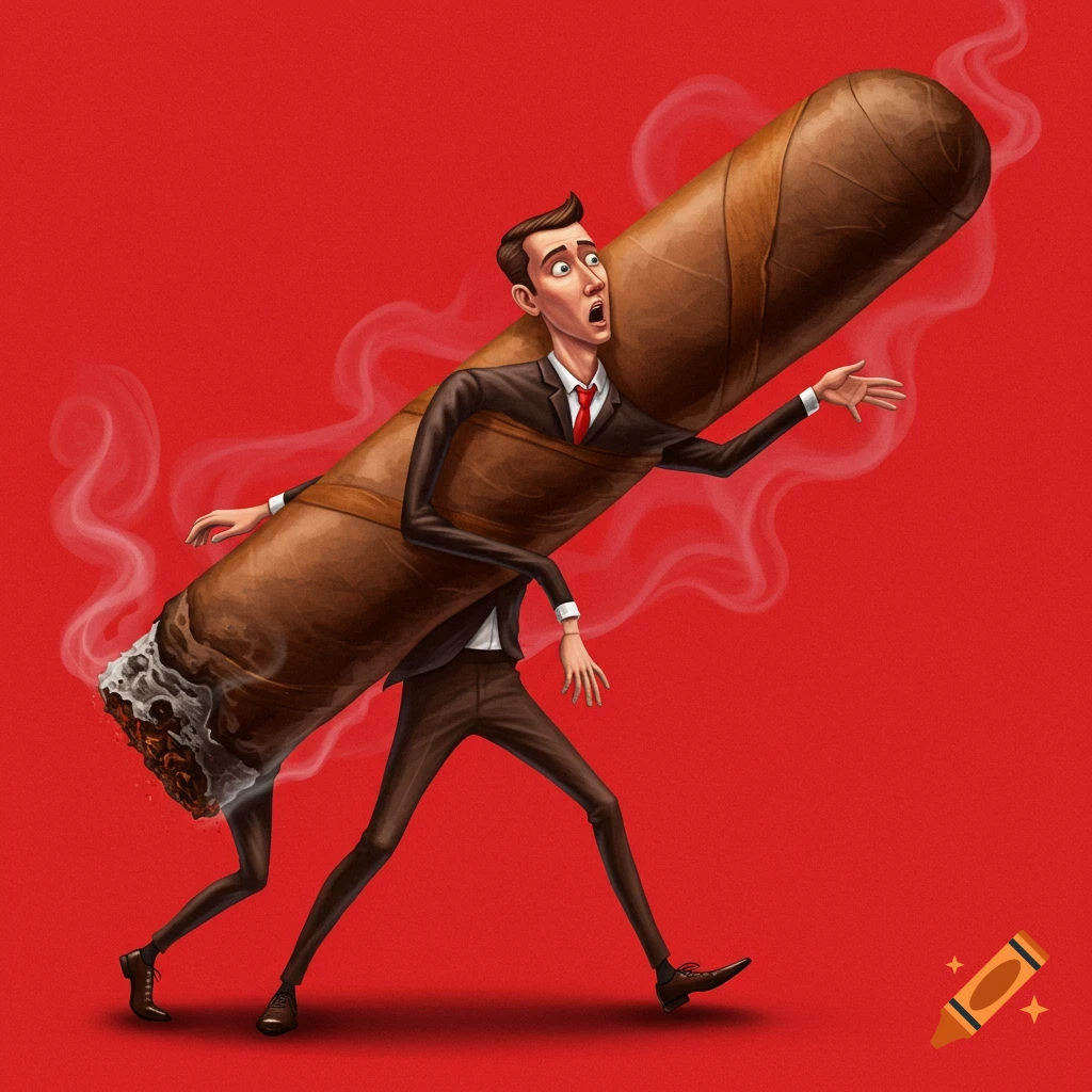 A slender man in a suit looks surprised as his body transforms into a large, smoking cigar against a red background.
