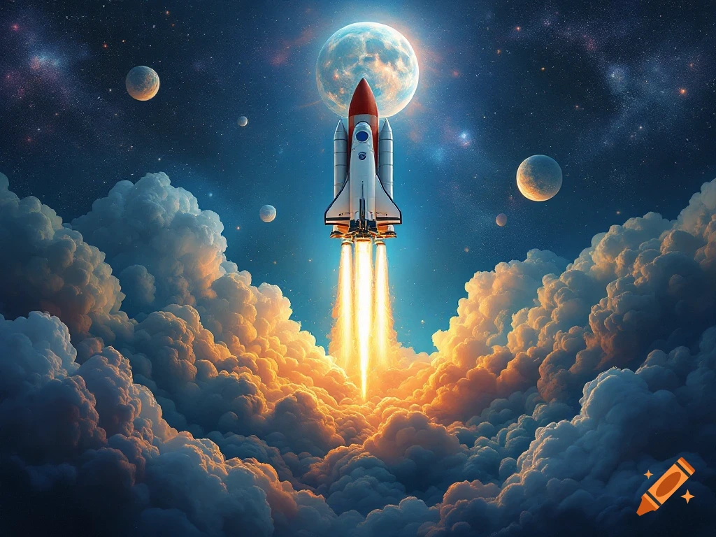A powerful rocket launches upwards through a vibrant, fiery cloudscape, towards a large illuminated moon and distant planets in a starry night sky.