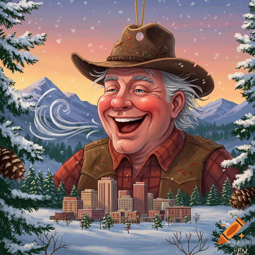 Caricature of a laughing man in a cowboy hat overlooking a snowy town and mountains, framed by snowy pine trees, resembling a Christmas ornament.