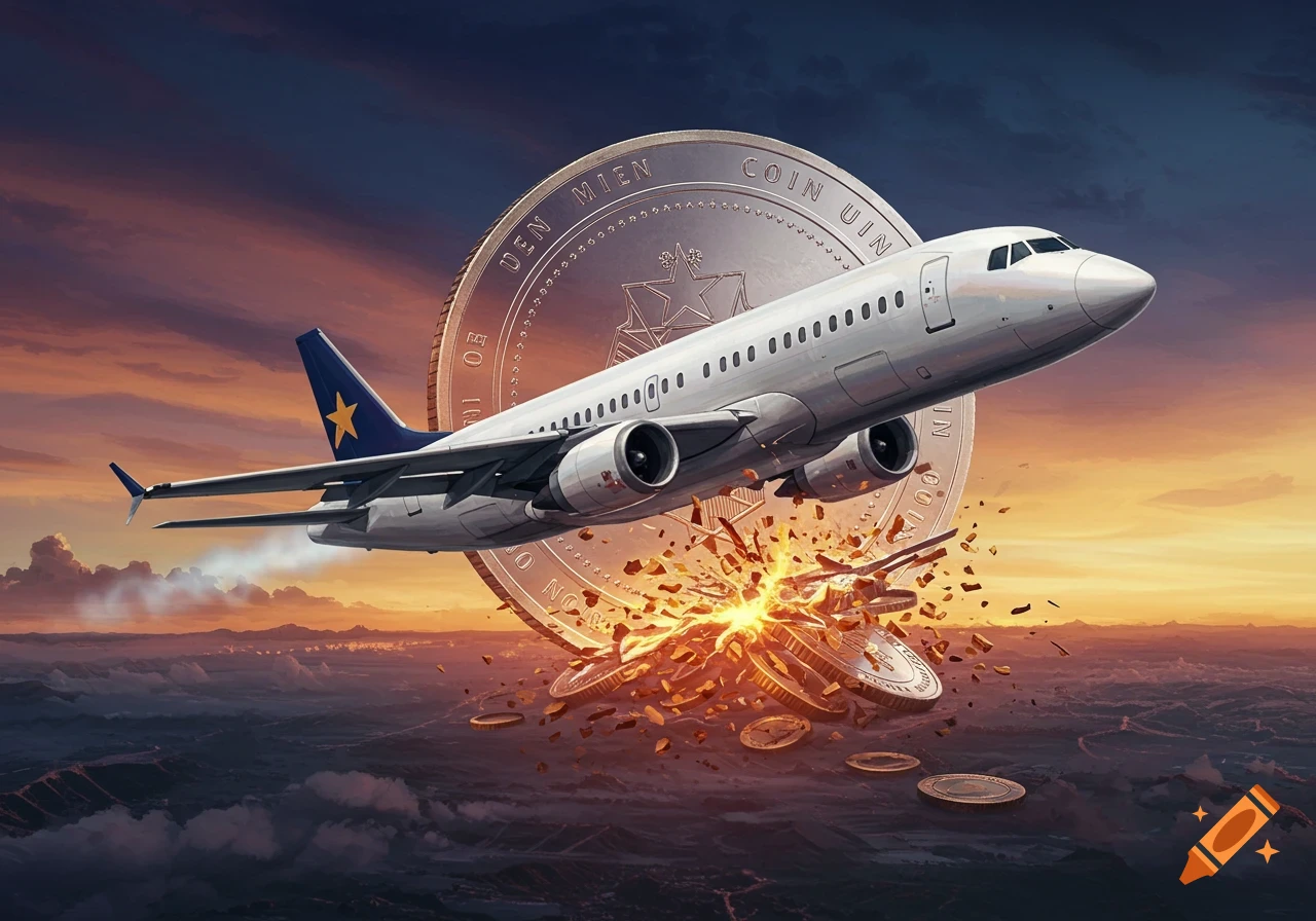 An airplane flies above a large, shattered silver coin against a dramatic sunset sky, with smaller gold coins below.