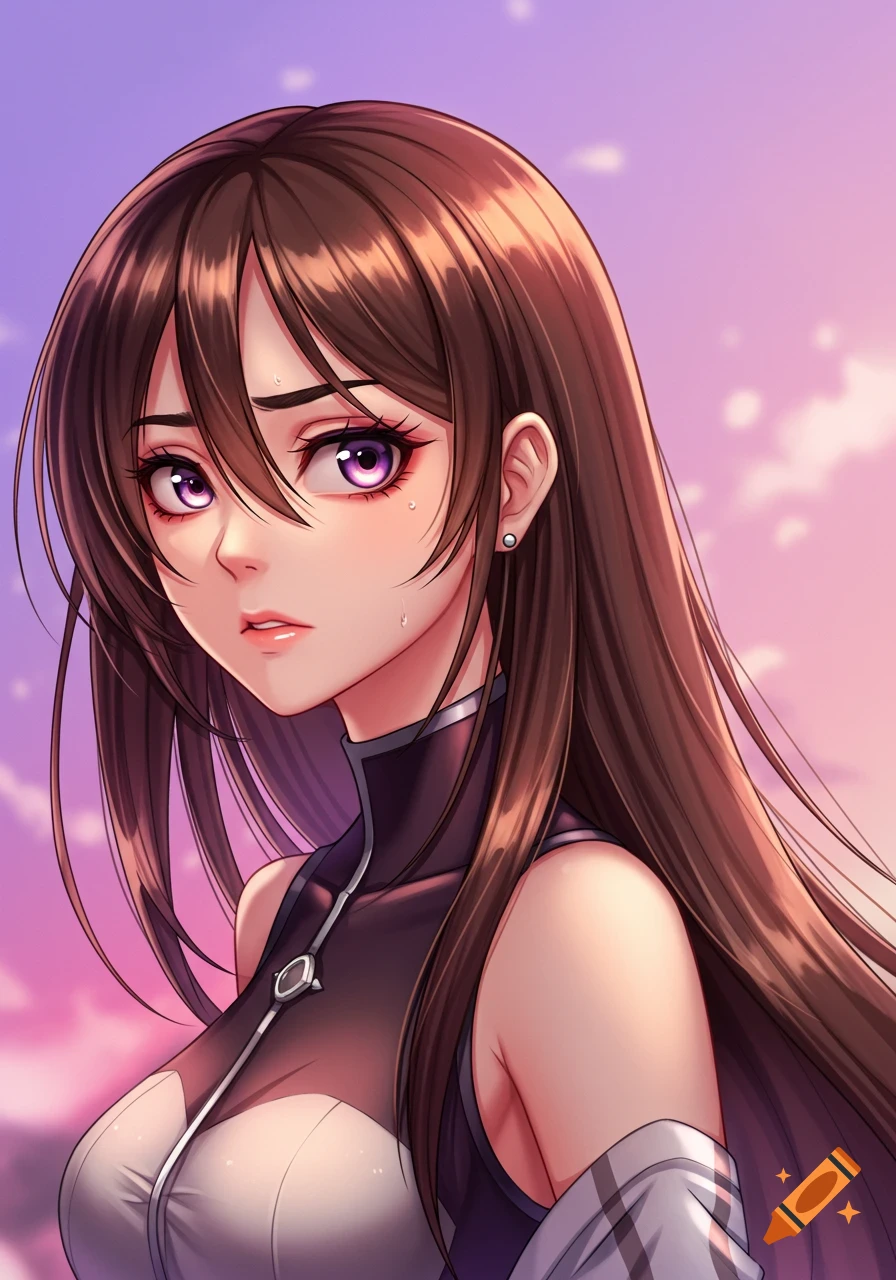 Anime portrait of a woman with long brown hair and purple eyes, looking worried with a slightly open mouth, against a pink and purple sky.