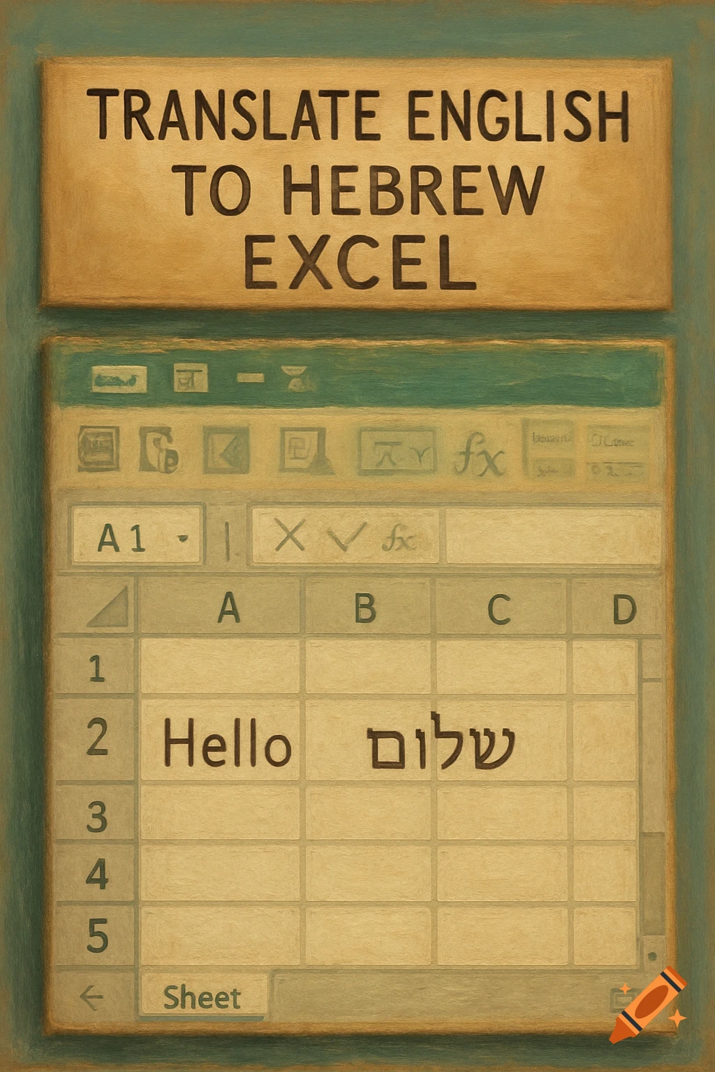 A painterly depiction of a Microsoft Excel-like spreadsheet with 'Hello' in one cell and its Hebrew translation 'שלום' in another, beneath a title that reads 'TRANSLATE ENGLISH TO HEBREW EXCEL'.