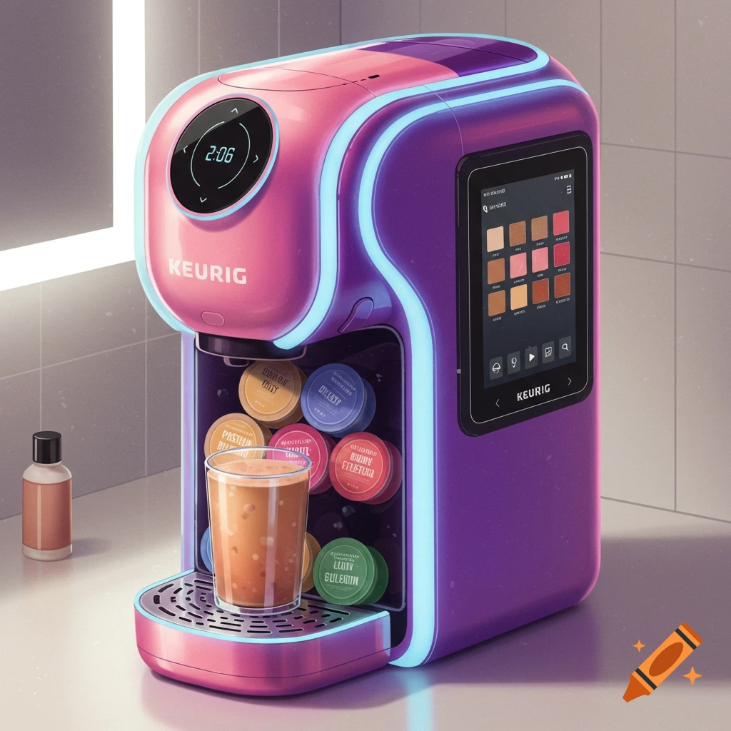 A vibrant pink and purple Keurig-style machine with blue neon lights, dispensing a drink into a glass. Colorful cosmetic pods are visible inside, and a screen displays a color palette.