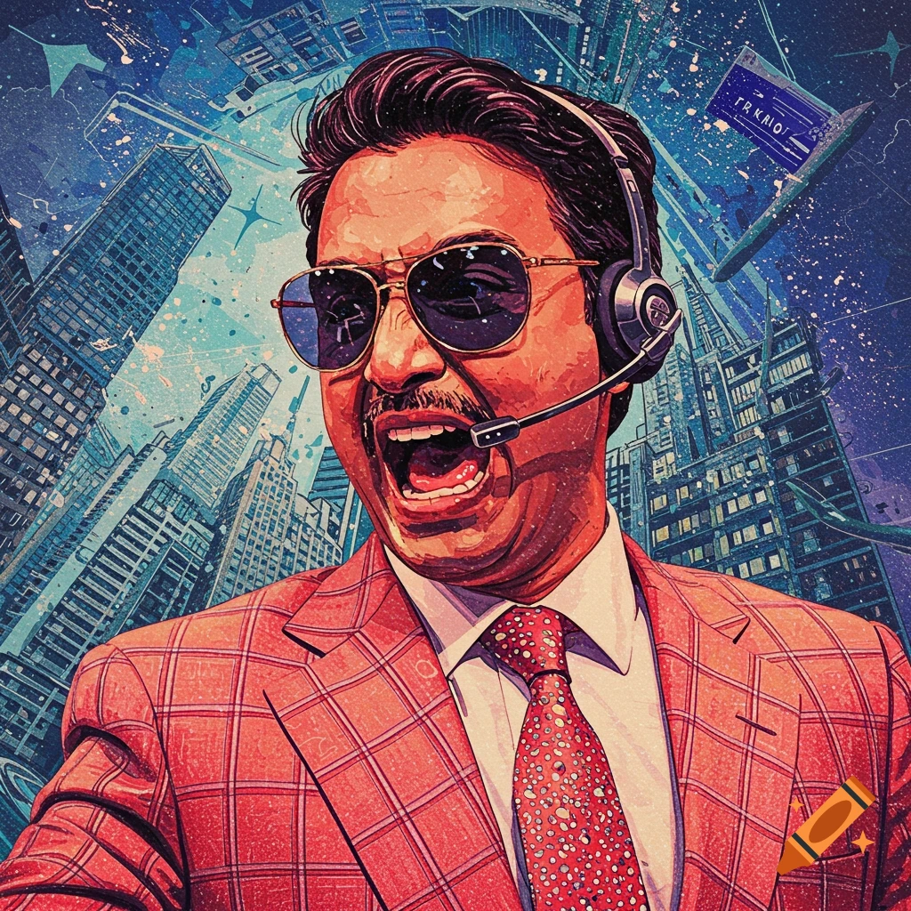 Stylized portrait of a man in sunglasses and headset yelling, with a city skyline background.