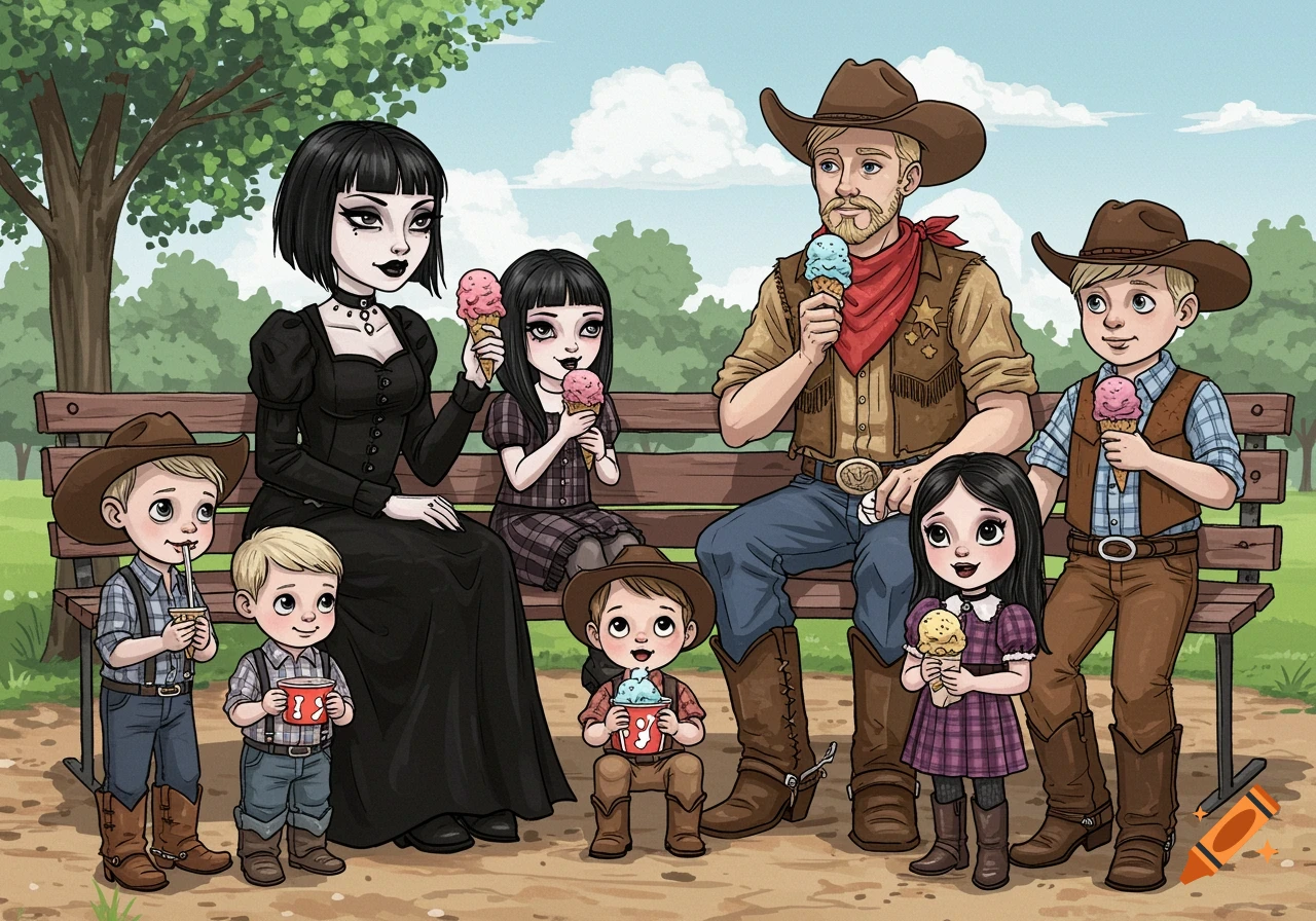 A cartoon illustration of a diverse family (goth mother, cowboy father, and their children) enjoying ice cream at a park.