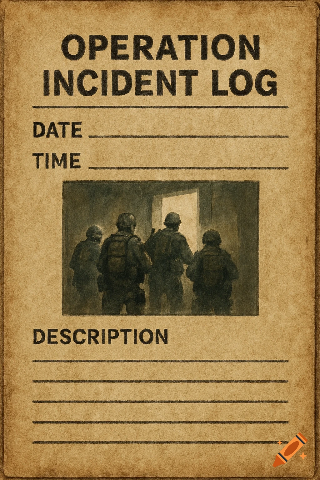 A textured, aged document titled 'OPERATION INCIDENT LOG' with fields for date, time, and description, featuring a framed illustration of four armed soldiers in dark uniforms entering a lighted doorway.