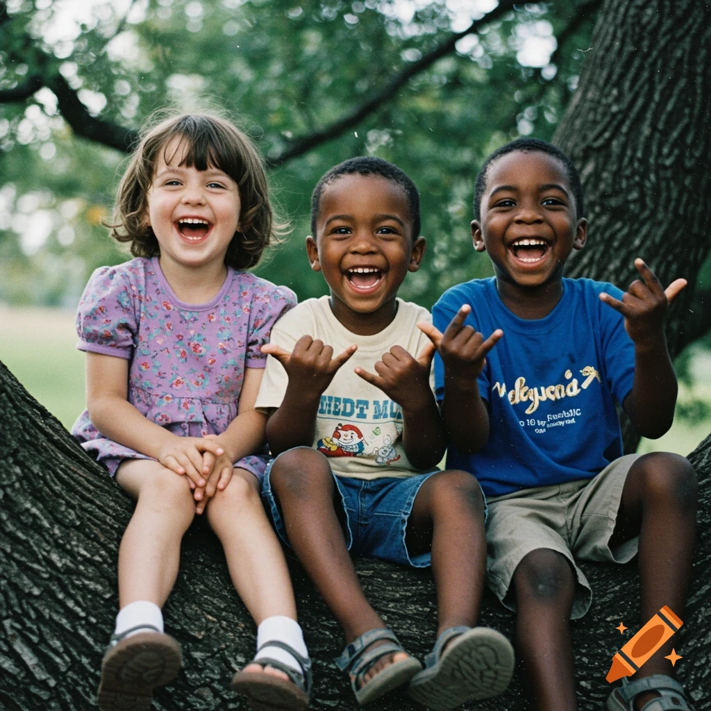 Three happy children, a white girl and two Black boys, sit on a large tree branch, laughing and looking at the camera. The boys make hand signs.