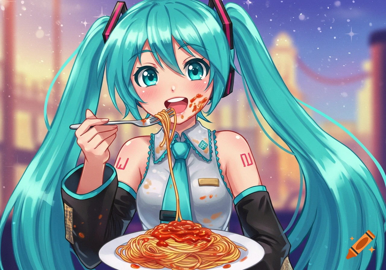 An anime girl with long turquoise pigtails, Hatsune Miku, smiling as she eats a plate of spaghetti with a fork. She has sauce on her face.