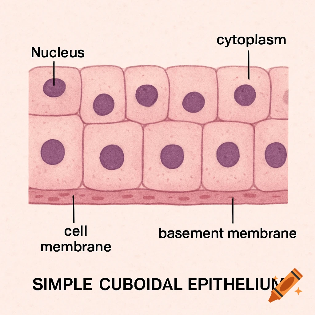 Diagram of simple cuboidal epithelium cells, labeled with nucleus, cytoplasm, cell membrane, and basement membrane.