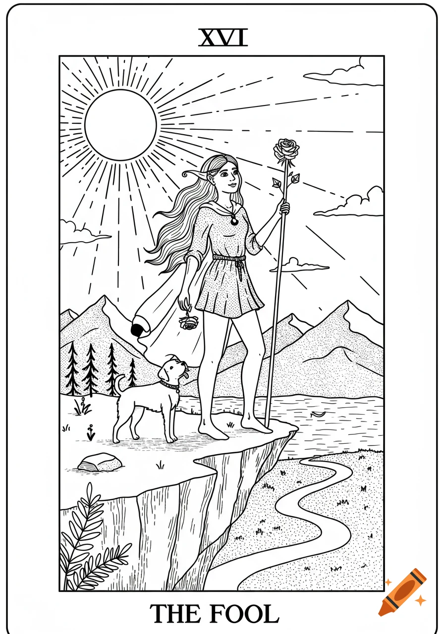Black and white line art of The Fool tarot card, showing a feminine figure and a dog at a cliff edge with a sun and mountains in the background.