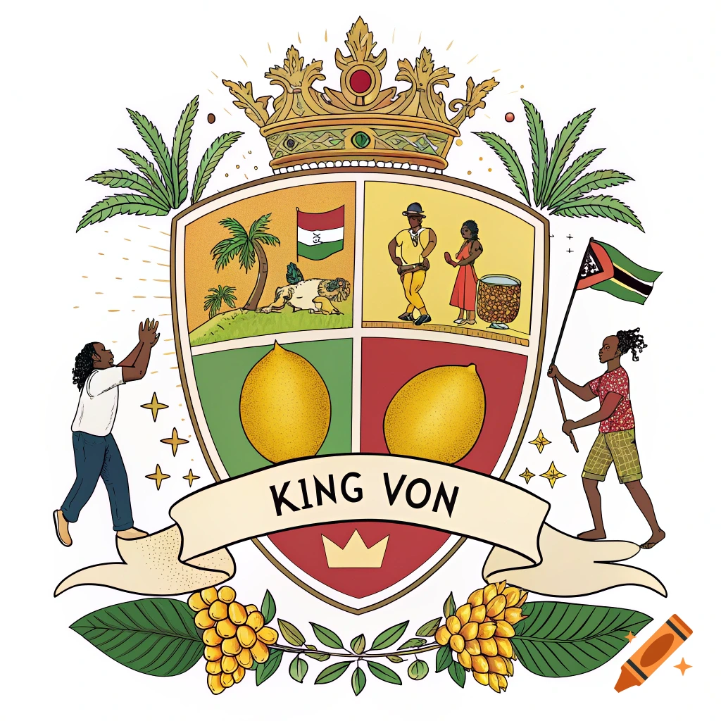 An illustrative coat of arms featuring a golden crown, various scenes in quadrants, two large yellow fruits, and a banner reading 'KING VON' at the bottom.