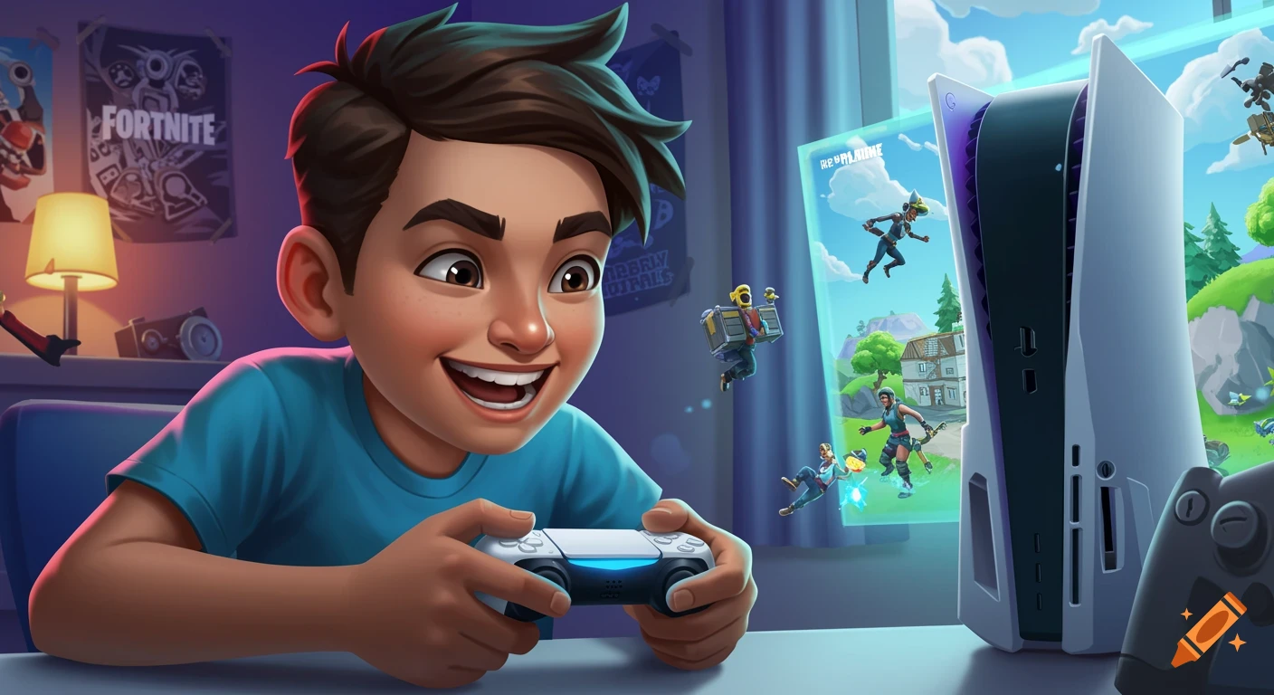 A happy cartoon boy plays Fortnite on a PlayStation 5 controller, with game scenes appearing behind him.