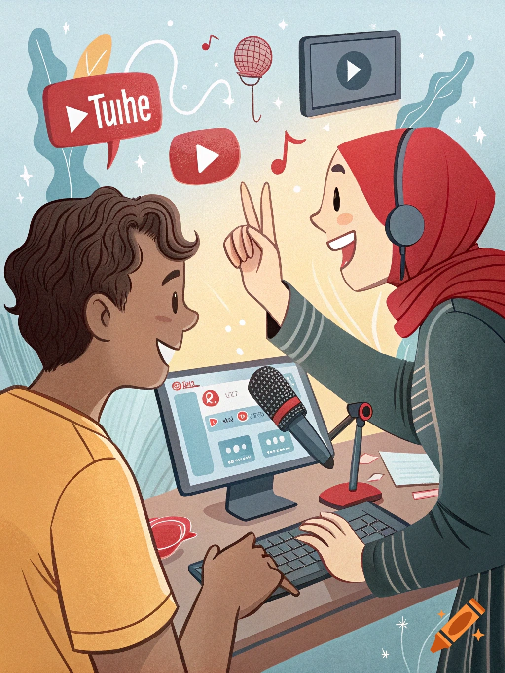 A cartoon illustration of two content creators, a male and a female in a hijab, at a desk with a computer, microphone, and YouTube-like symbols.