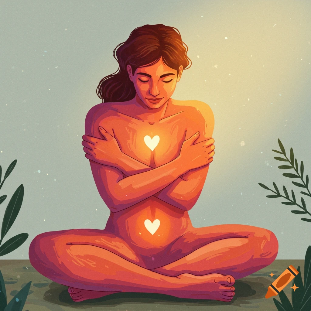 An illustrative image of a woman sitting cross-legged, hugging herself, with closed eyes. Glowing white hearts emanate light from her chest and stomach.