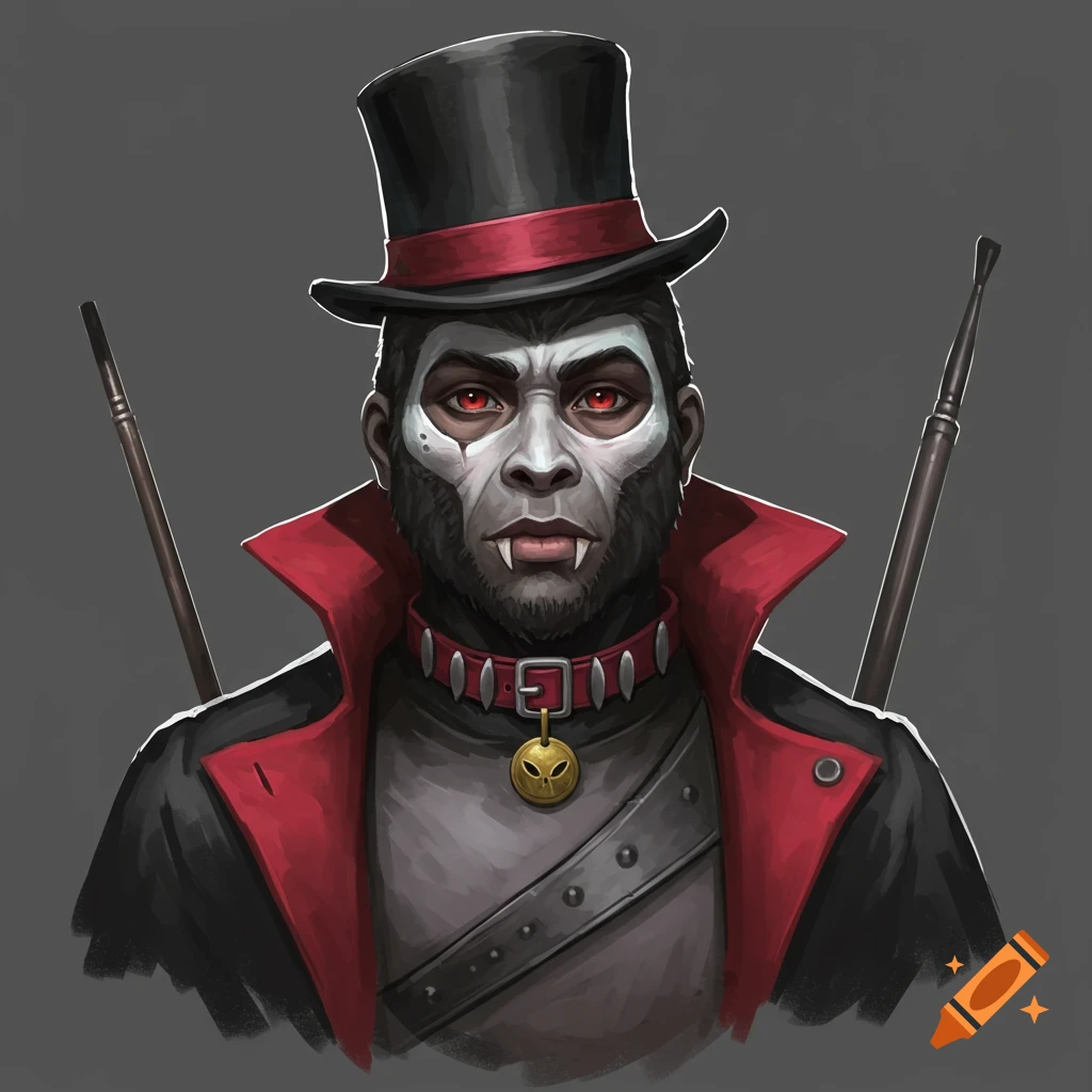 A stylized drawing of a gorilla-faced character wearing a top hat, red-collared vampire coat, and spiked collar with an alien pendant, against a grey background.