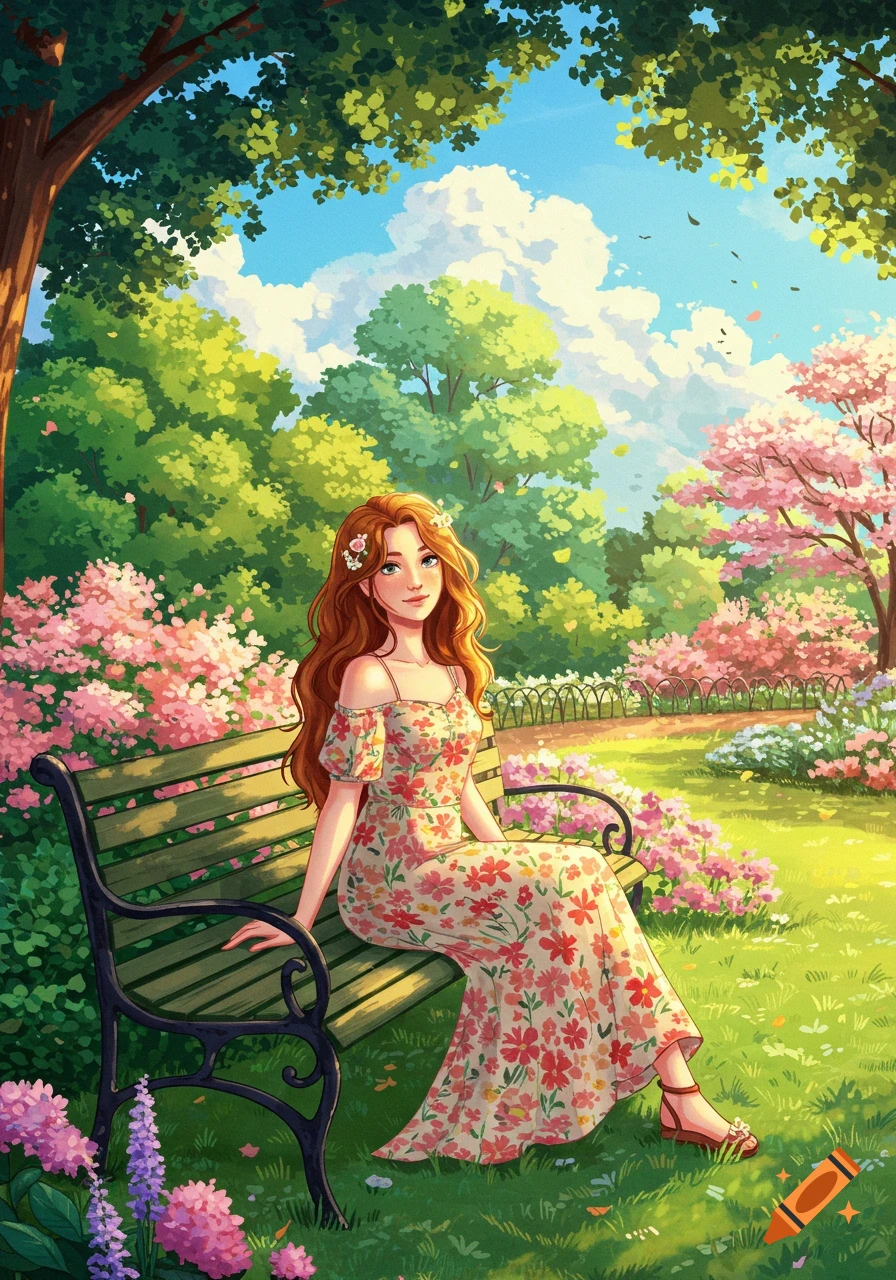 A long-haired woman in a floral dress sits on a park bench surrounded by blooming trees and flowers in a vibrant, stylized art style.