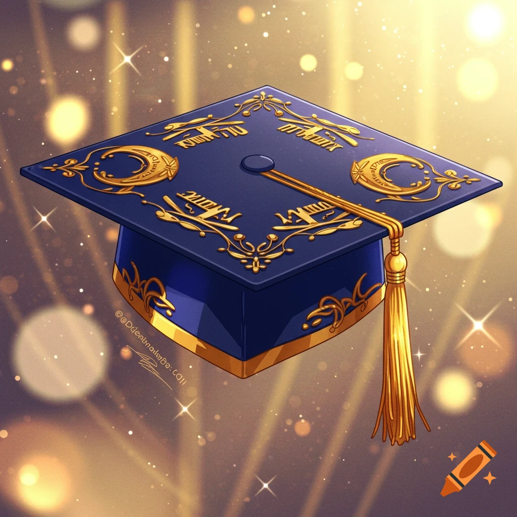 A dark blue graduation cap with ornate gold designs and a gold tassel, set against a sparkling golden background.