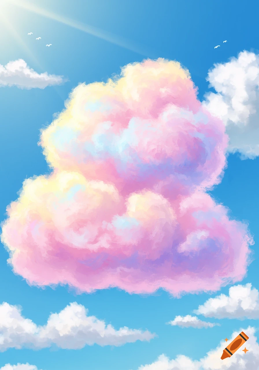 A vibrant, pastel-colored cotton candy cloud floats in a bright blue sky with faint sunrays and small birds.