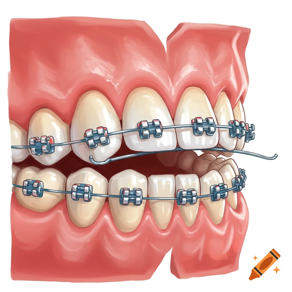 An illustration of human teeth with braces on both the upper and lower jaws, depicting the orthodontic appliance.