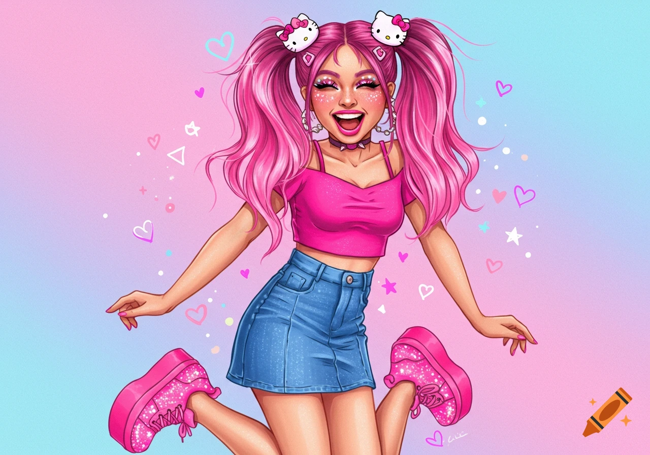 Vibrant illustration of a happy woman with pink pigtails and Hello Kitty bows, wearing a pink crop top and denim skirt, jumping against a pastel background with hearts and stars.