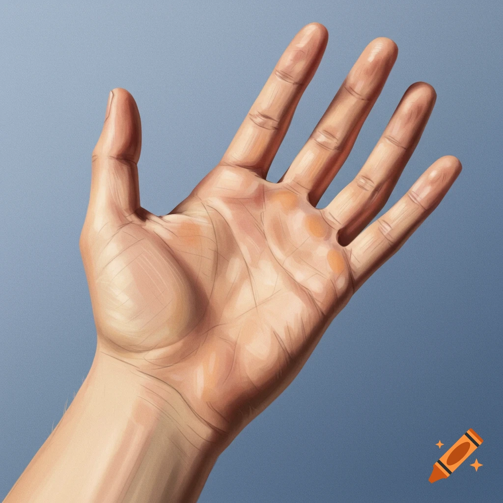 Digital painting of an open human hand with palm visible against a blue background.