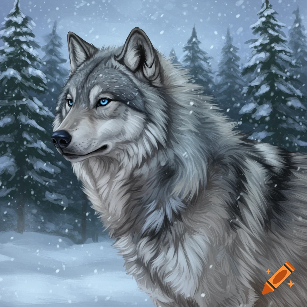 Close-up digital painting of a grey wolf with bright blue eyes standing in a snowy winter forest.