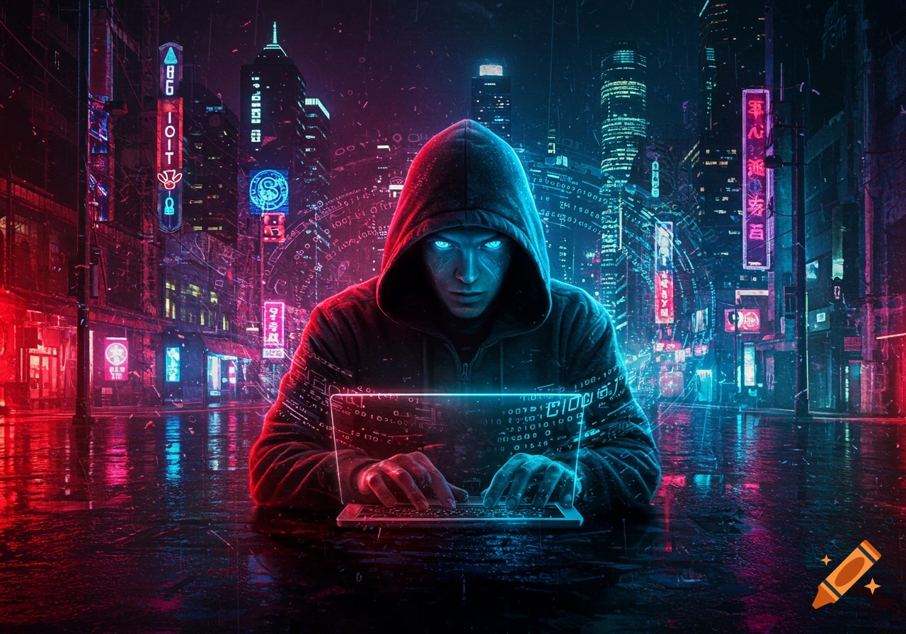 A hooded figure with glowing blue eyes types on a laptop with holographic code, in a neon-lit cyberpunk city at night.