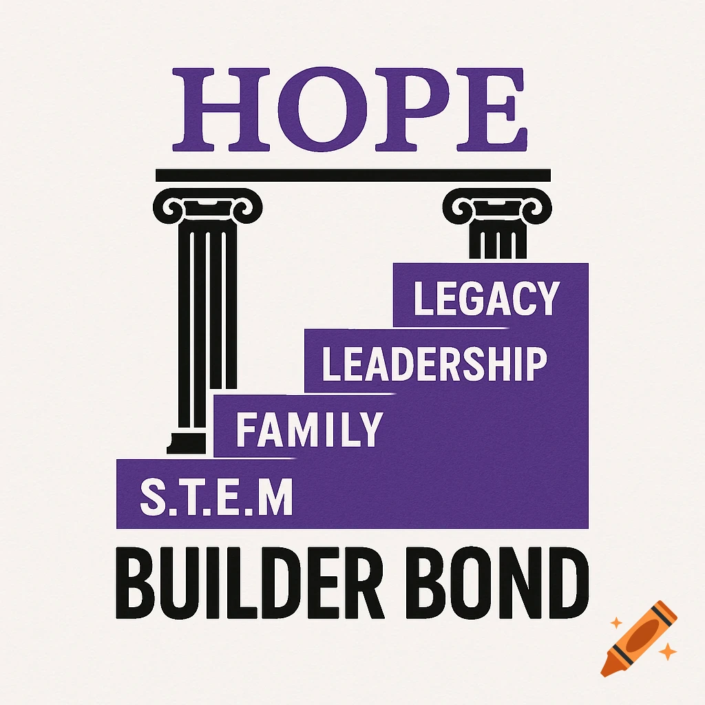 A logo featuring the word HOPE above two pillars, with purple steps spelling S.T.E.M, FAMILY, LEADERSHIP, LEGACY, and BUILDER BOND below.