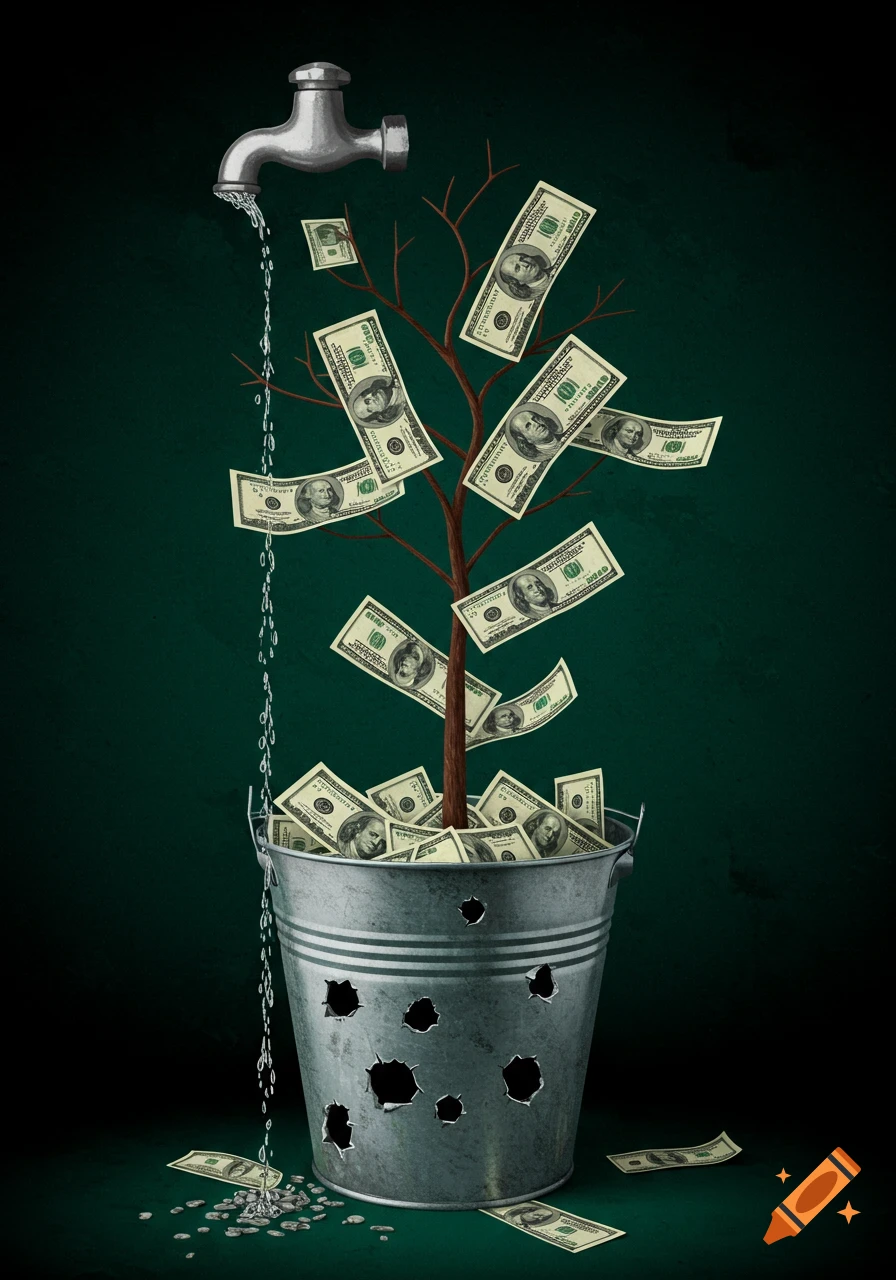 A conceptual image of a money tree with dollar bills, a faucet dripping into a leaky bucket, symbolizing financial loss.