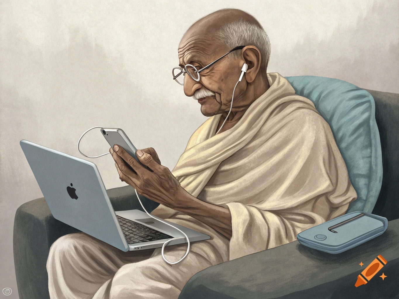 An illustrative portrait of Gandhi using a laptop and a smartphone with earbuds while sitting in a chair.