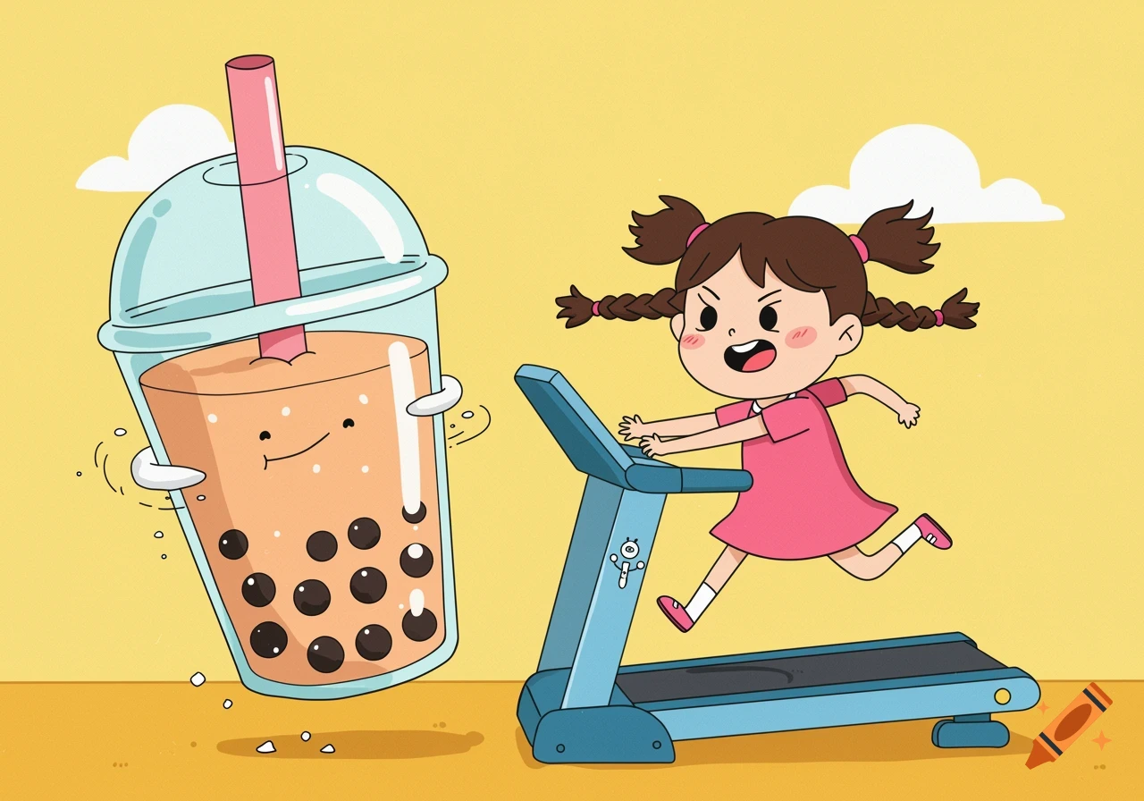 A cartoon girl with pigtails runs on a treadmill, chasing an anthropomorphic bubble tea with a happy face.