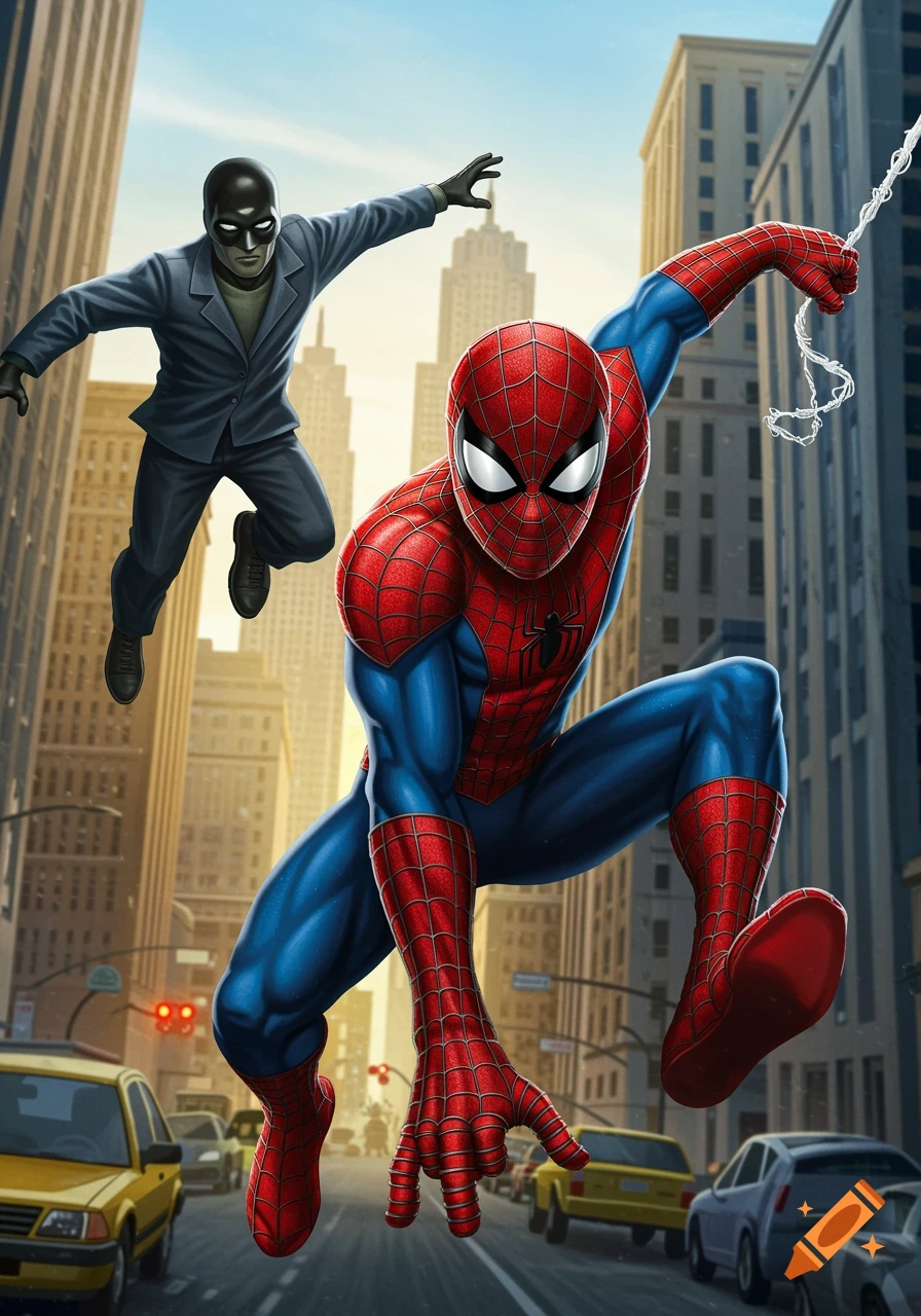 Spider-Man swings through a city, with a masked man in a suit flying above him, in a cartoon art style.
