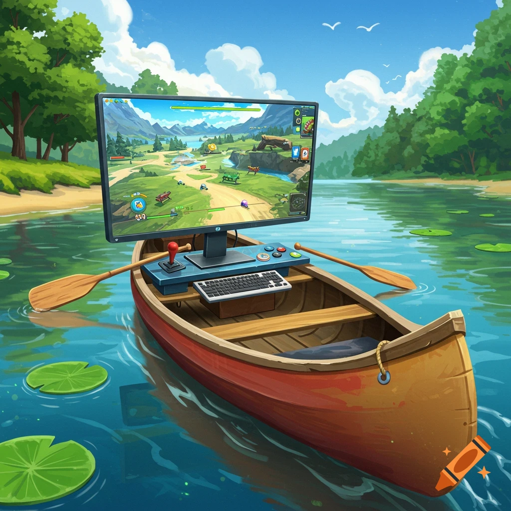 A vibrant cartoon image of a canoe on a lake, outfitted with a computer monitor displaying a video game, keyboard, and joystick.